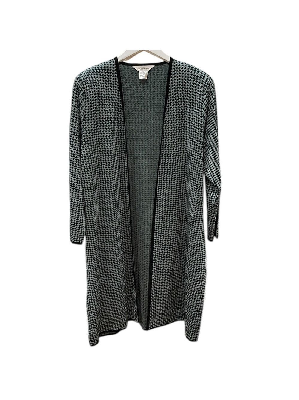Misook Long Open Front Houndstooth Knit Cardigan Sweater Duster SZ XL Grey Black - Picture 2 of 9